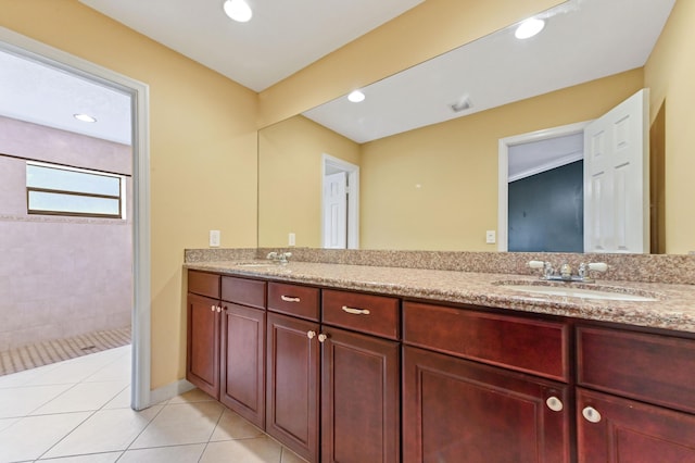 2602 SW 23rd Cranbrook Dr, Boynton Beach, FL 33436 - full bathroom with double vanity, tiled shower, tile patterned floors, and recessed lighting