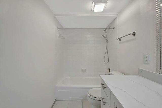 full bathroom with shower / bathtub combination, toilet, tile patterned floors, and vanity