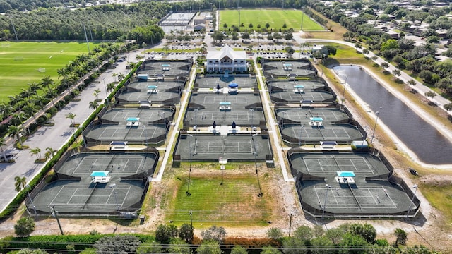 bird's eye view with a water view