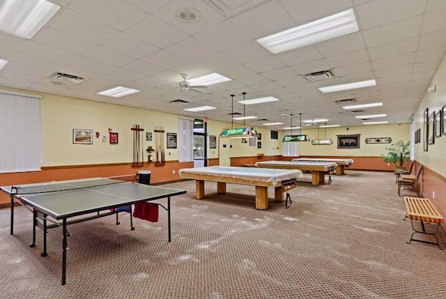 rec room featuring pool table, carpet flooring, a drop ceiling, and visible vents