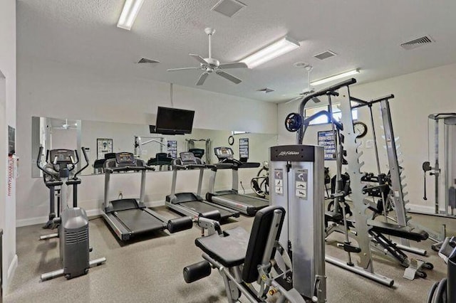 workout area with visible vents, a textured ceiling, and ceiling fan