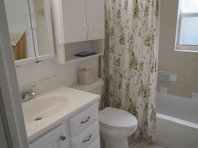 bathroom with toilet, shower / bathtub combination with curtain, and vanity