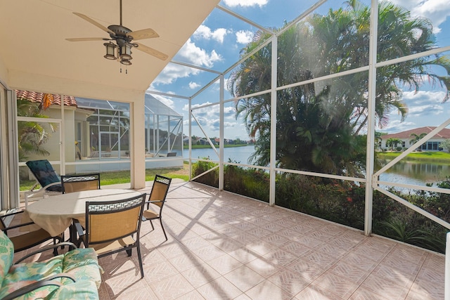 307 NW Clearview Ct, Port Saint Lucie, FL 34986 - sunroom / solarium featuring a water view, ceiling fan, and outdoor dining space