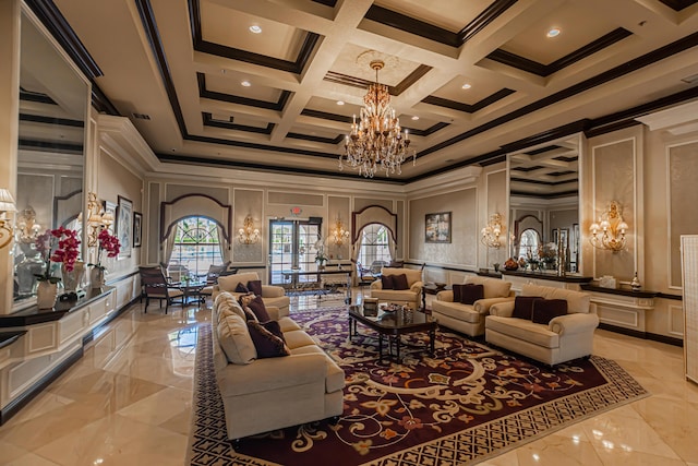 307 NW Clearview Ct, Port Saint Lucie, FL 34986 - living room featuring a decorative wall, a chandelier, ornamental molding, light marble finish flooring, and coffered ceiling