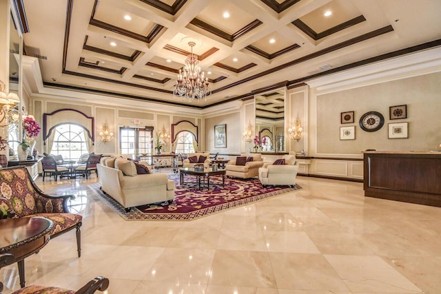 307 NW Clearview Ct, Port Saint Lucie, FL 34986 - living area featuring a chandelier, crown molding, a decorative wall, coffered ceiling, and a towering ceiling