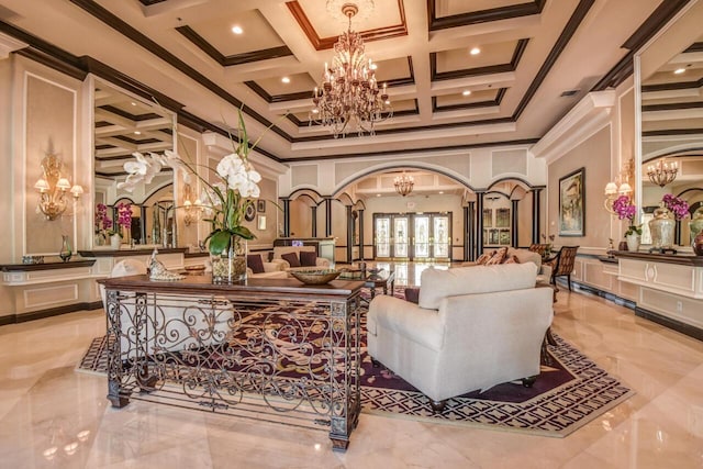 307 NW Clearview Ct, Port Saint Lucie, FL 34986 - common area with coffered ceiling, a towering ceiling, beam ceiling, and crown molding