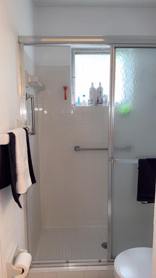 full bathroom featuring a shower stall and toilet