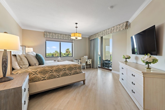bedroom featuring ornamental molding, access to outside, and light wood-type flooring