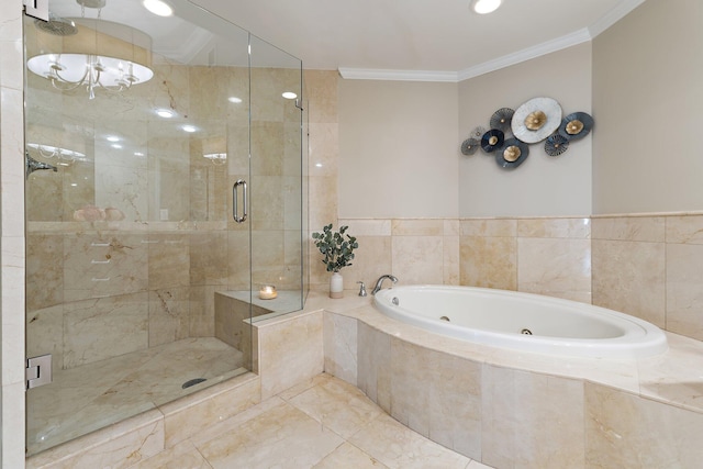 bathroom with a garden tub, a shower stall, and ornamental molding