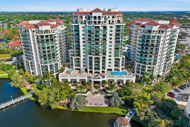 aerial view featuring a water view