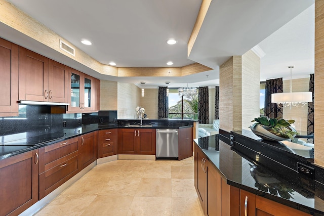 kitchen with a sink, visible vents, glass insert cabinets, black electric cooktop, and stainless steel dishwasher
