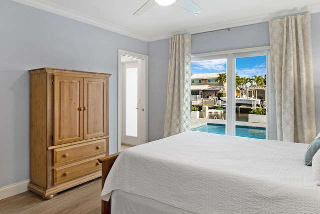 bedroom with access to exterior, light wood-type flooring, ornamental molding, baseboards, and a ceiling fan