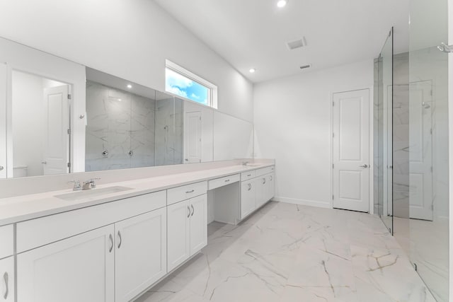 10241 SW Carnelian St, Port Saint Lucie, FL 34987 - full bath with double vanity, walk in shower, a sink, marble finish floor, and recessed lighting