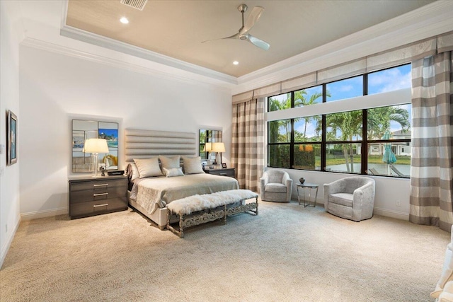 6940 NW 25th Way, Boca Raton, FL 33496 - carpeted bedroom with crown molding, baseboards, ceiling fan, a towering ceiling, and recessed lighting