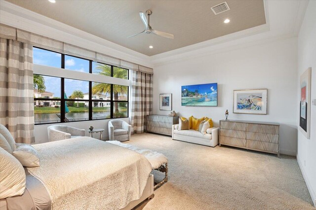 6940 NW 25th Way, Boca Raton, FL 33496 - carpeted bedroom with crown molding, recessed lighting, baseboards, a raised ceiling, and a ceiling fan