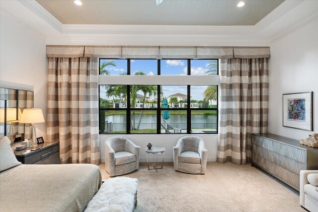 6940 NW 25th Way, Boca Raton, FL 33496 - carpeted bedroom with crown molding, a water view, a raised ceiling, and recessed lighting
