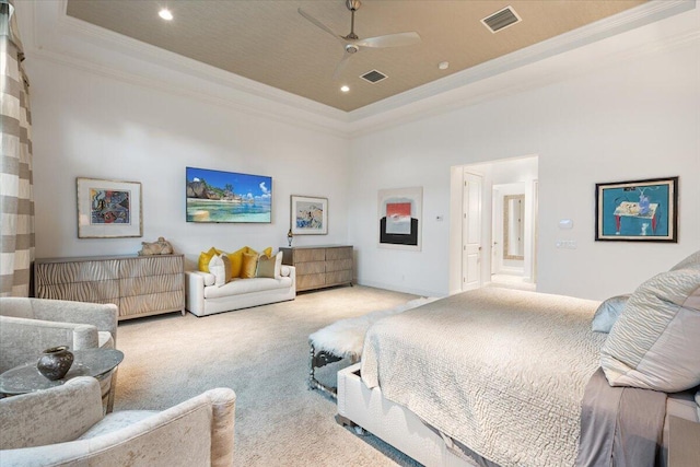 6940 NW 25th Way, Boca Raton, FL 33496 - carpeted bedroom with ornamental molding, a raised ceiling, a high ceiling, recessed lighting, and ceiling fan