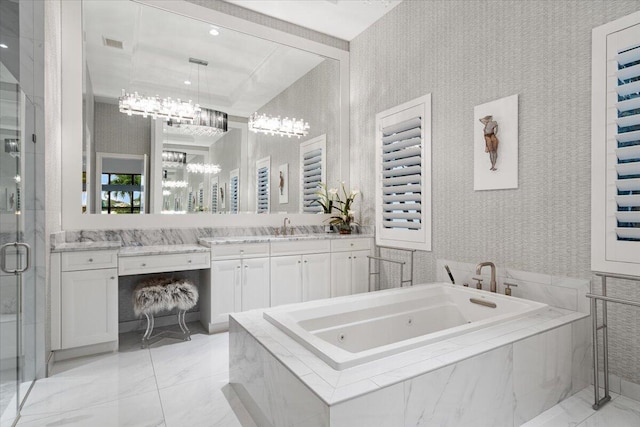 6940 NW 25th Way, Boca Raton, FL 33496 - bathroom featuring a chandelier, vanity, a shower stall, a jetted tub, and marble finish floors