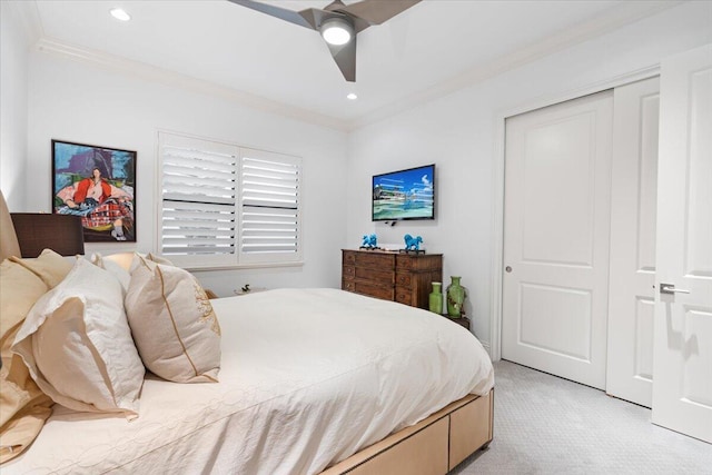 6940 NW 25th Way, Boca Raton, FL 33496 - bedroom featuring ornamental molding, light carpet, a closet, ceiling fan, and recessed lighting