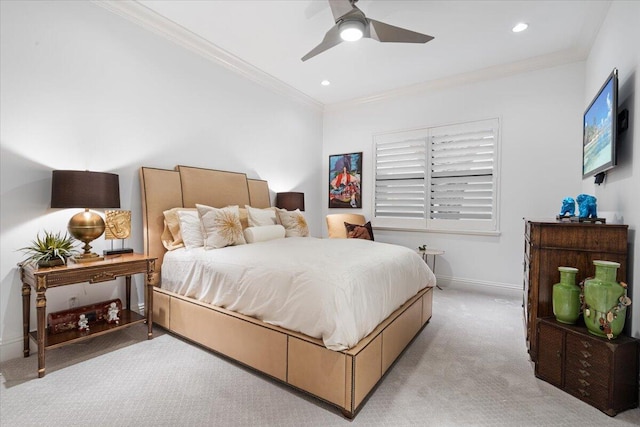 6940 NW 25th Way, Boca Raton, FL 33496 - bedroom featuring light colored carpet, crown molding, baseboards, ceiling fan, and recessed lighting
