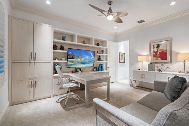6940 NW 25th Way, Boca Raton, FL 33496 - office area featuring light carpet, crown molding, a ceiling fan, recessed lighting, and baseboards