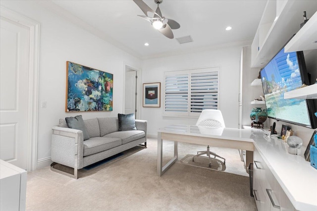 6940 NW 25th Way, Boca Raton, FL 33496 - office featuring light carpet, a ceiling fan, recessed lighting, ornamental molding, and baseboards