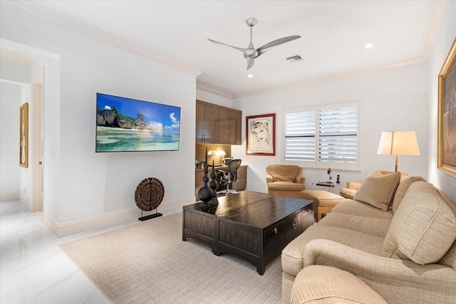 6940 NW 25th Way, Boca Raton, FL 33496 - living room with crown molding, a ceiling fan, baseboards, and recessed lighting