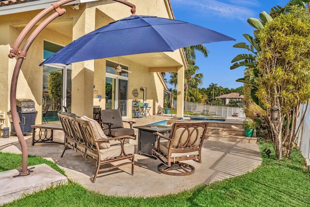 view of patio / terrace featuring a fenced in pool, a fenced backyard, and area for grilling