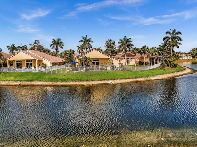 property view of water featuring a fenced backyard