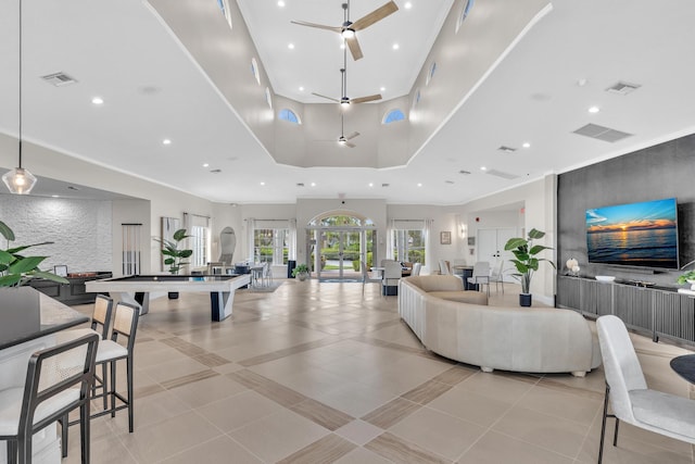 19323 King Palm Ct, Boca Raton, FL 33498 - living room featuring a ceiling fan, recessed lighting, a tray ceiling, and light tile patterned floors