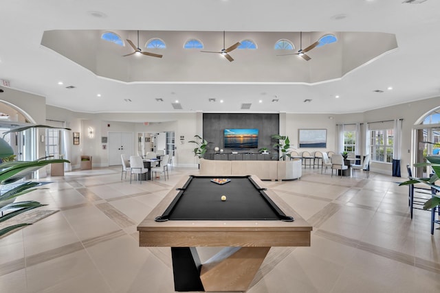 19323 King Palm Ct, Boca Raton, FL 33498 - recreation room with ceiling fan, billiards, recessed lighting, a high ceiling, and tile patterned floors