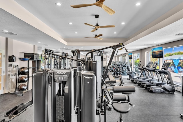 19323 King Palm Ct, Boca Raton, FL 33498 - exercise room featuring a ceiling fan, recessed lighting, and a textured ceiling