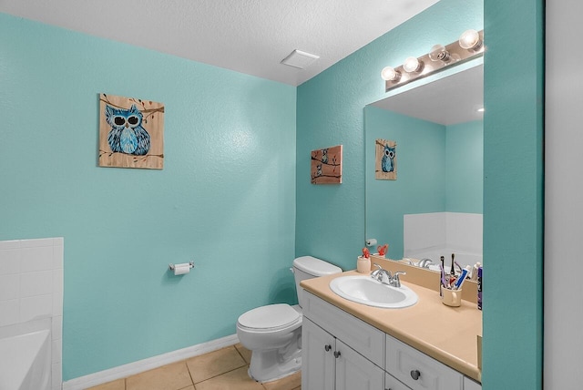 full bath with a garden tub, a textured ceiling, tile patterned flooring, vanity, and toilet