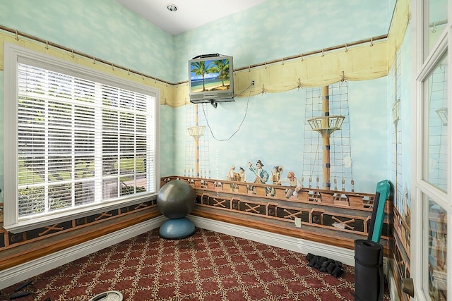 workout room featuring carpet