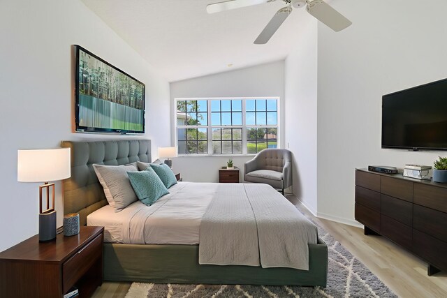 17288 Shoals Dr, Jupiter, FL 33477 - bedroom featuring light wood-style floors, ceiling fan, and high vaulted ceiling