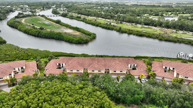 aerial view featuring a water view and a residential view