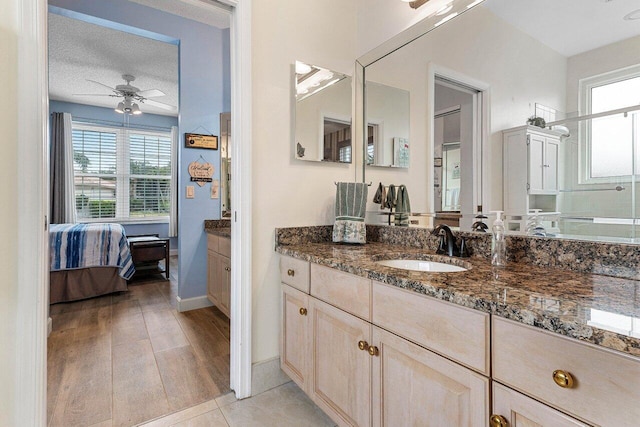 bathroom featuring a healthy amount of sunlight, vanity, ensuite bathroom, and ceiling fan