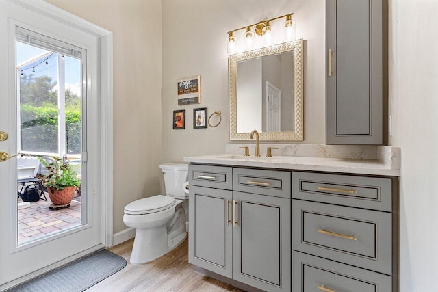 bathroom with toilet, wood finished floors, and vanity