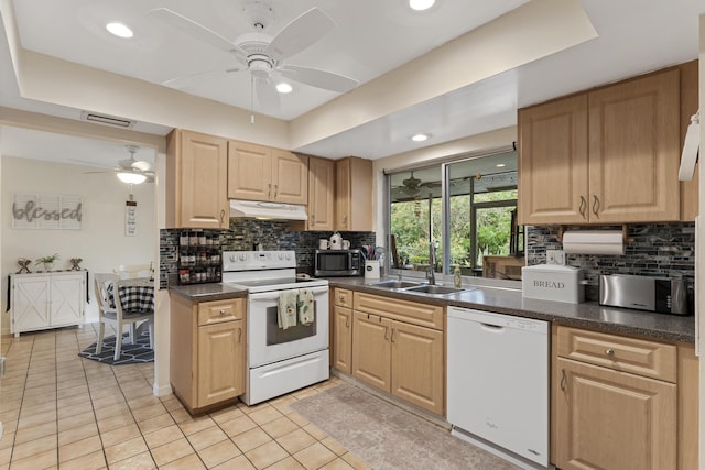11711 Laurel Valley Cir, Wellington, FL 33414 - kitchen with a sink, white appliances, visible vents, under cabinet range hood, and ceiling fan