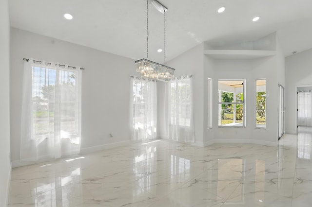 2449 SE Rock Springs Dr, Port Saint Lucie, FL 34952 - unfurnished dining area featuring marble tiled floors, a chandelier, baseboards, recessed lighting, and high vaulted ceiling