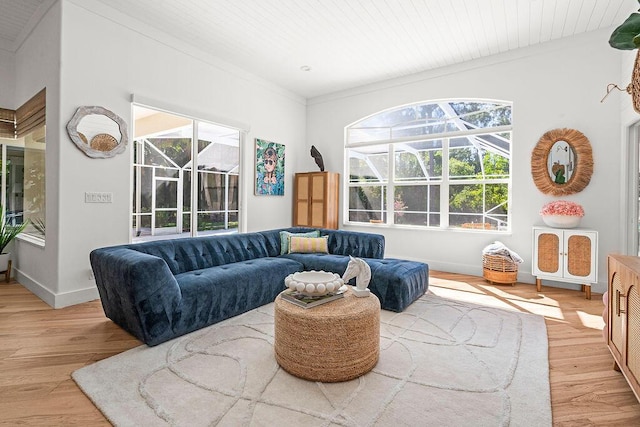 living area featuring baseboards and light wood finished floors
