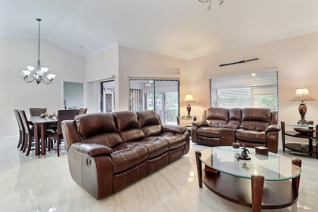 8216 Waterline Dr, Boynton Beach, FL 33472 - living area with an inviting chandelier, marble finish floor, crown molding, and high vaulted ceiling