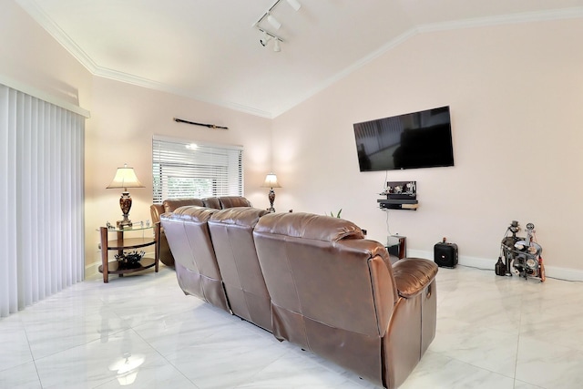 8216 Waterline Dr, Boynton Beach, FL 33472 - living area with baseboards, lofted ceiling, ornamental molding, and marble finish floor