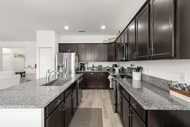 kitchen featuring visible vents, a center island with sink, a sink, light wood finished floors, and stainless steel appliances