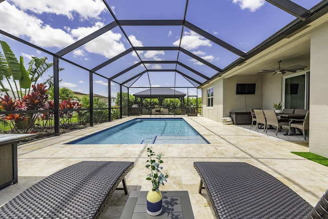 pool with a patio, a ceiling fan, an outdoor hangout area, and outdoor dining space