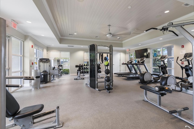 workout area with plenty of natural light, ornamental molding, and a raised ceiling