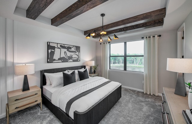 7636 SW Lucy Ln Unit Latitude 48-09, Stuart, FL 34997 - bedroom with carpet flooring, a chandelier, baseboards, and beam ceiling