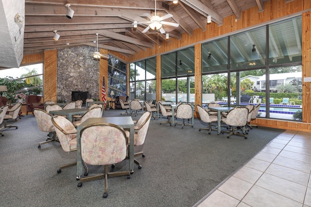 sunroom / solarium with rail lighting and beam ceiling