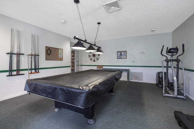 game room featuring pool table, a textured ceiling, visible vents, and baseboards