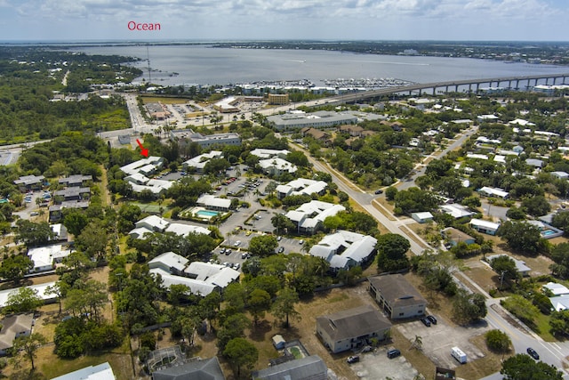 bird's eye view with a water view